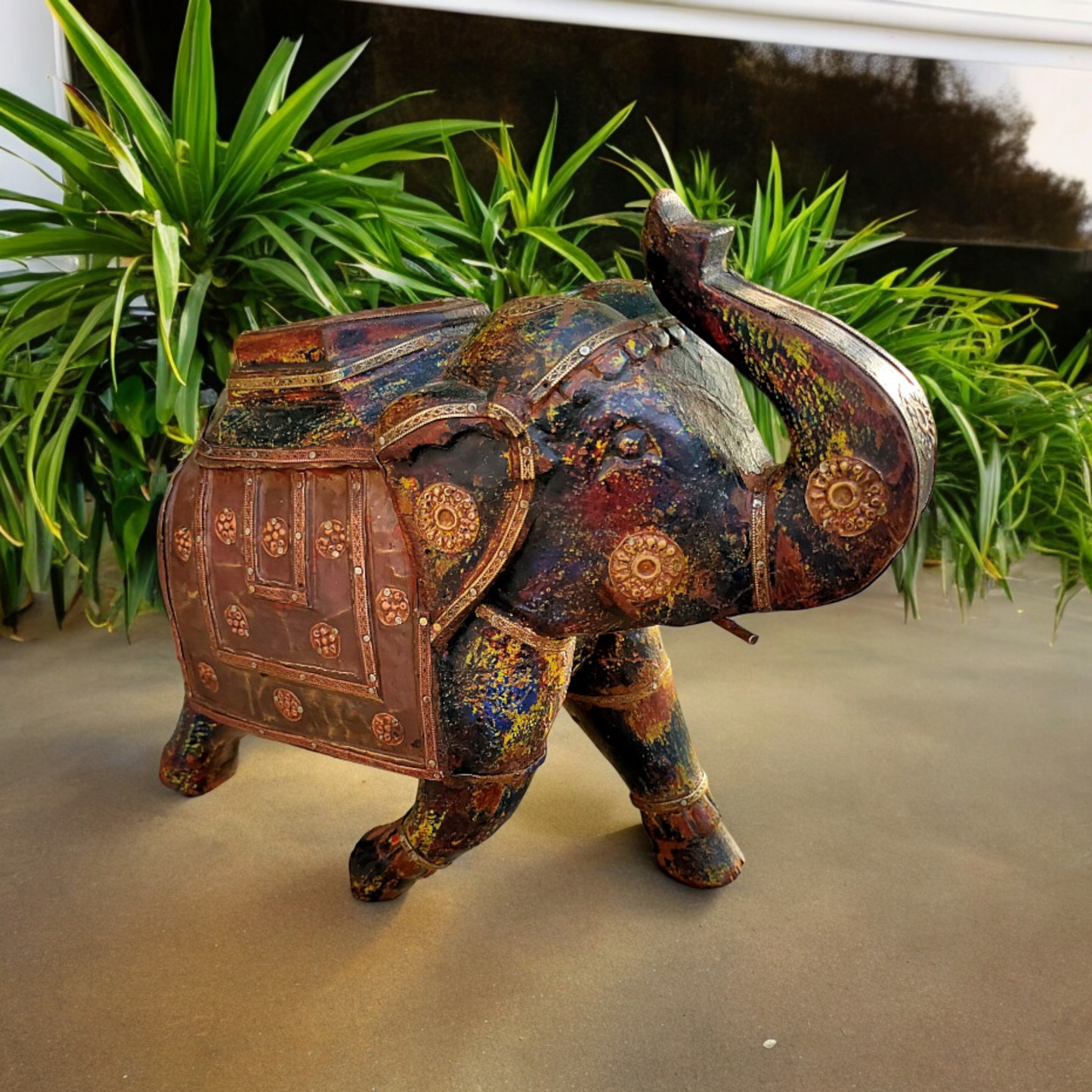 Old Wooden Elephant Figure With Brass Work