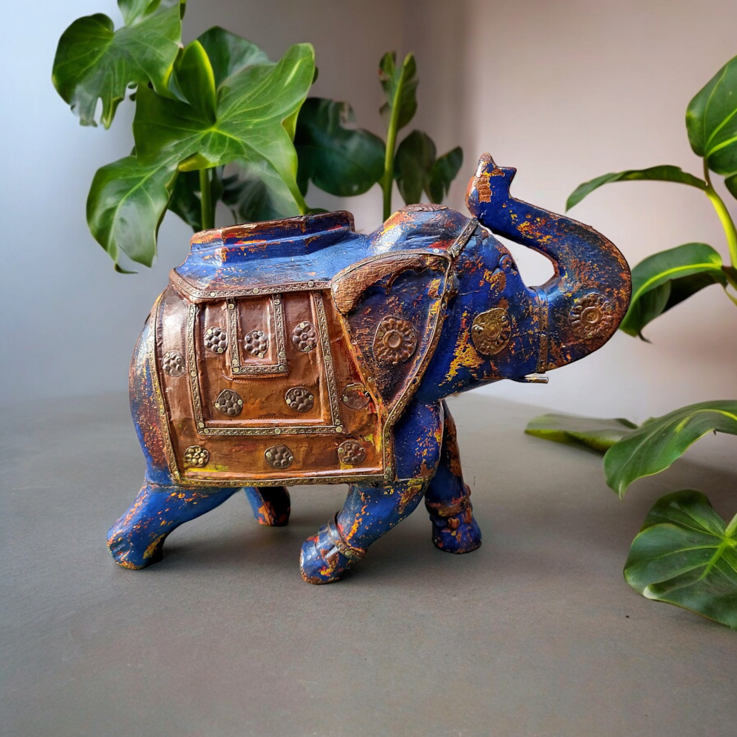 Old Wooden Elephant Figure With Brass Work ( Set of 2)