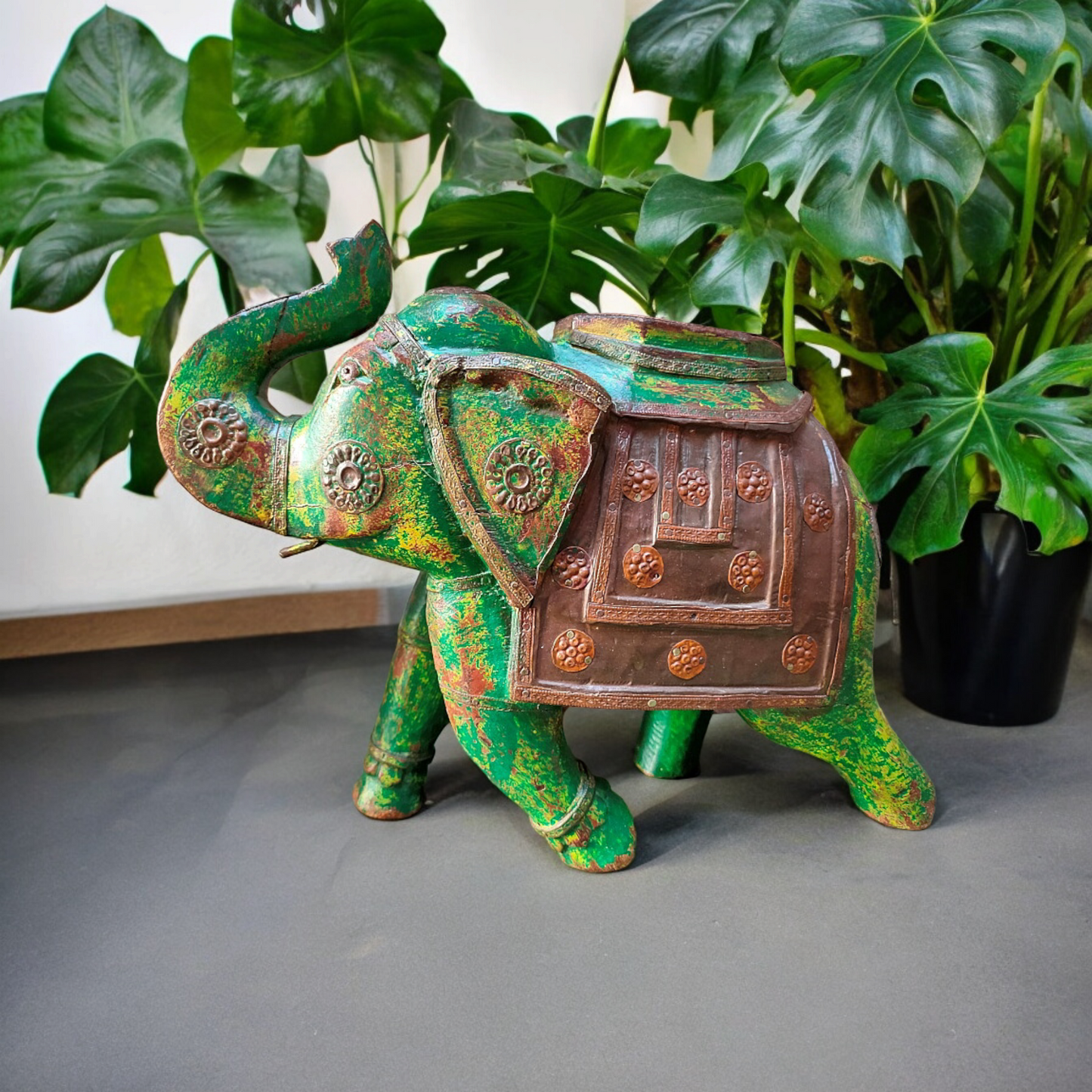 Old Wooden Elephant Figure With Brass Work ( Set of 2)