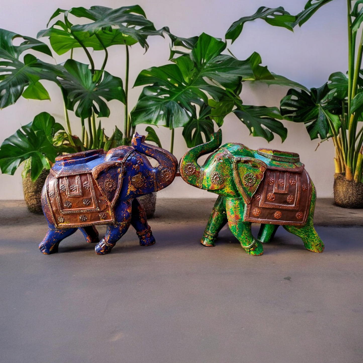 Old Wooden Elephant Figure With Brass Work ( Set of 2)