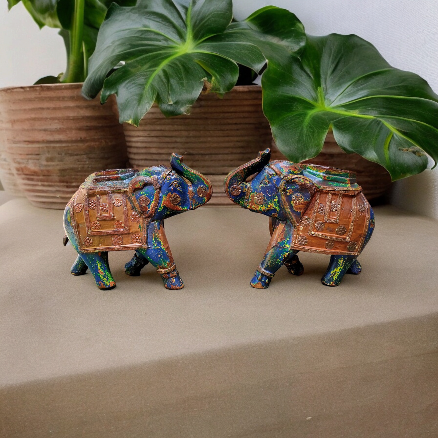 Old Wooden Elephant Figure With Brass Work ( Set of 2)