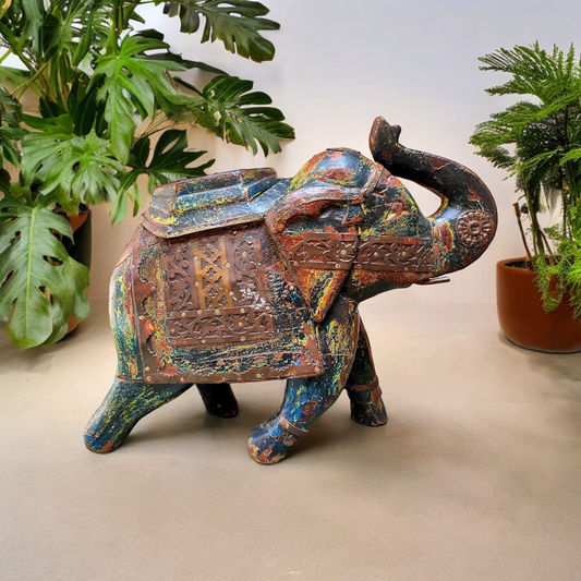 Old Wooden Elephant Figure With Brass Work