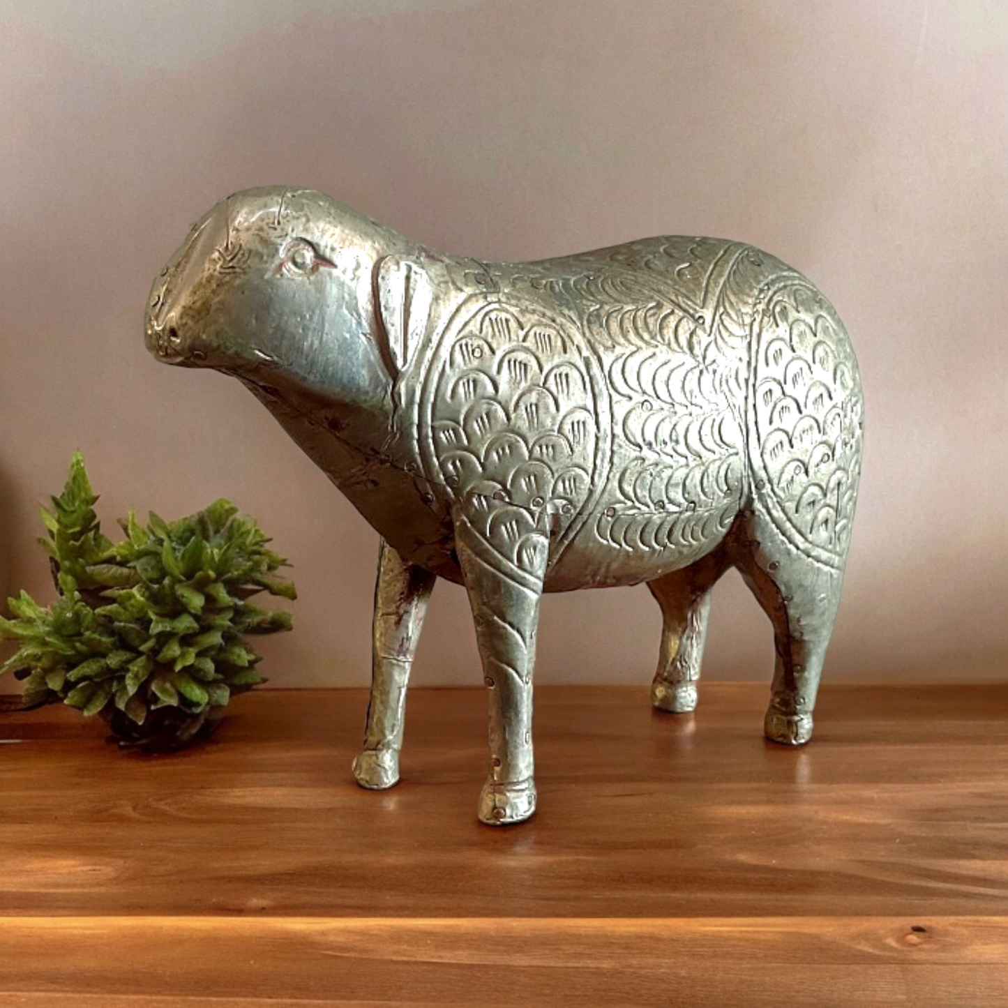 Brass Work Wooden Goat Statue  ,Figure