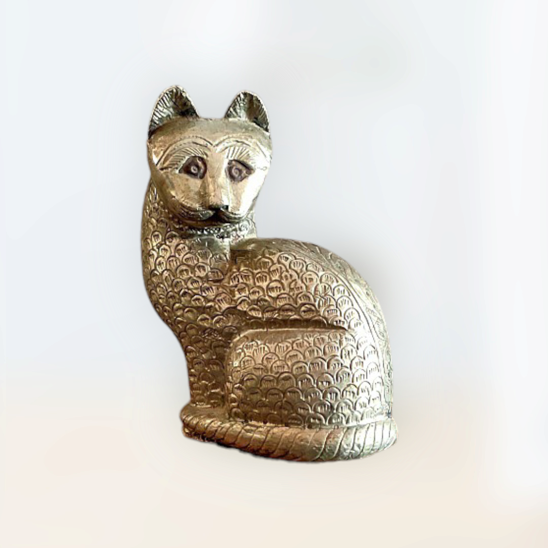 Brass Work Wooden Cat Statue ,Figure