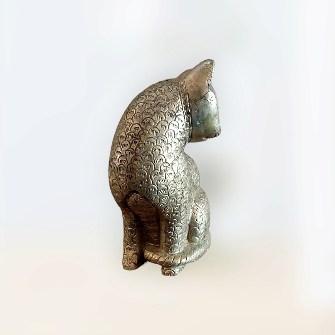 Brass Work Wooden Cat Statue ,Figure