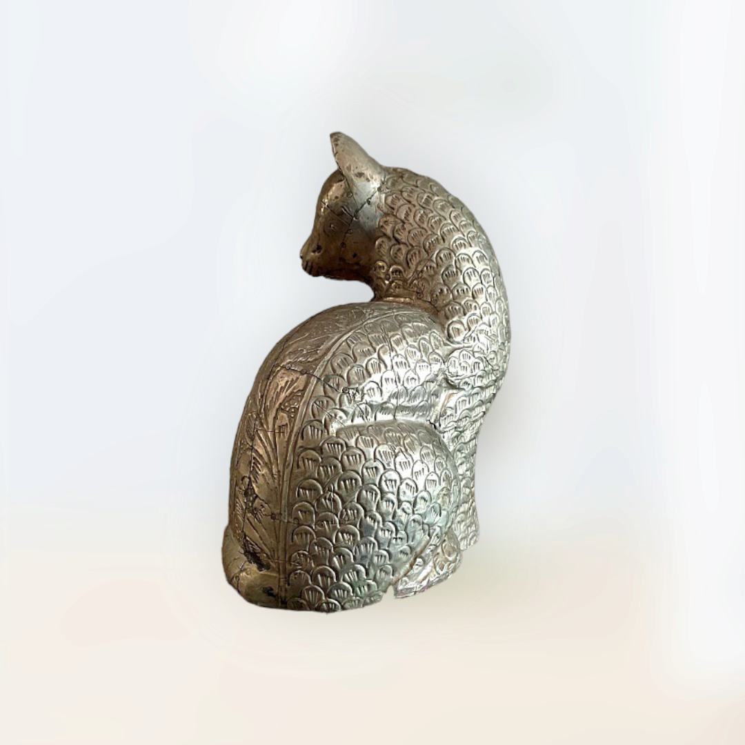 Brass Work Wooden Cat Statue ,Figure