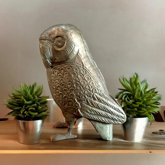 Brass Work Wooden Owl  Statue ,Figure