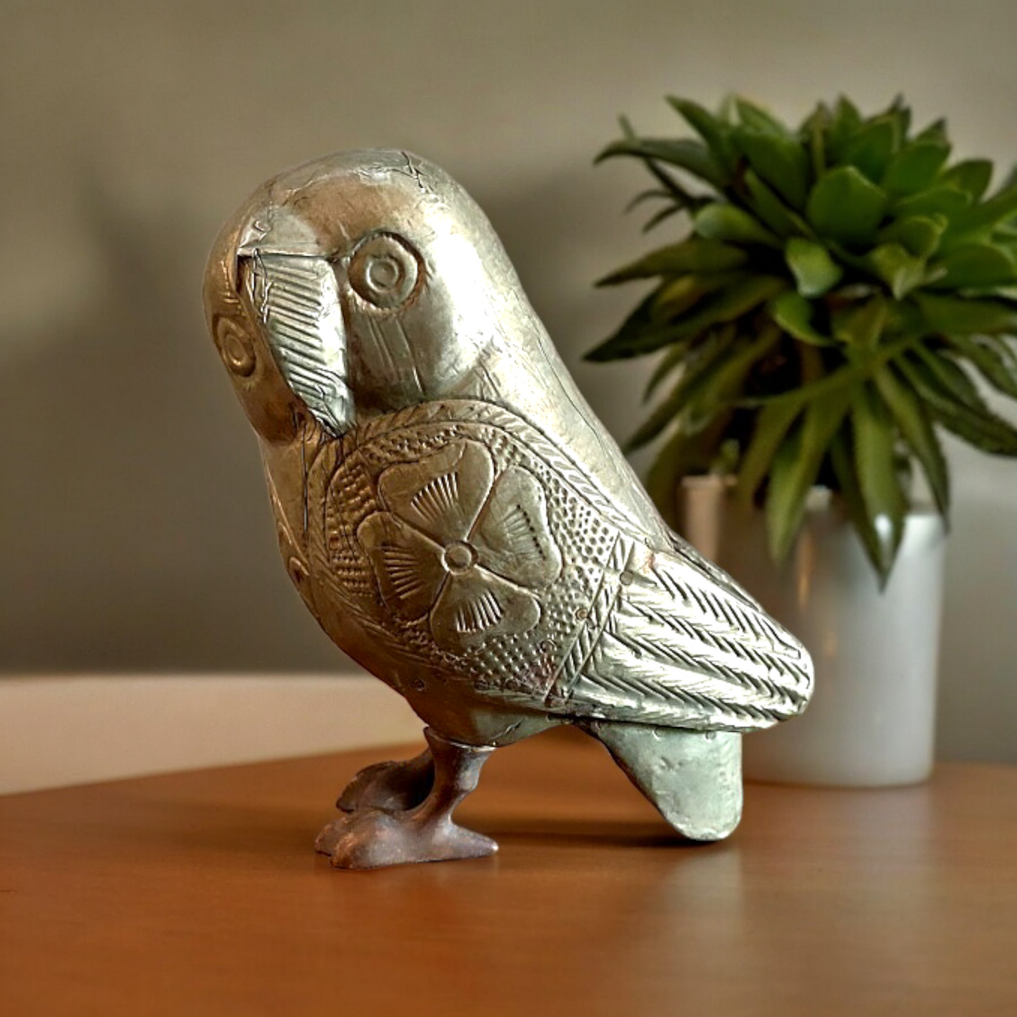 Brass Work Wooden Owl  Statue ,Figure