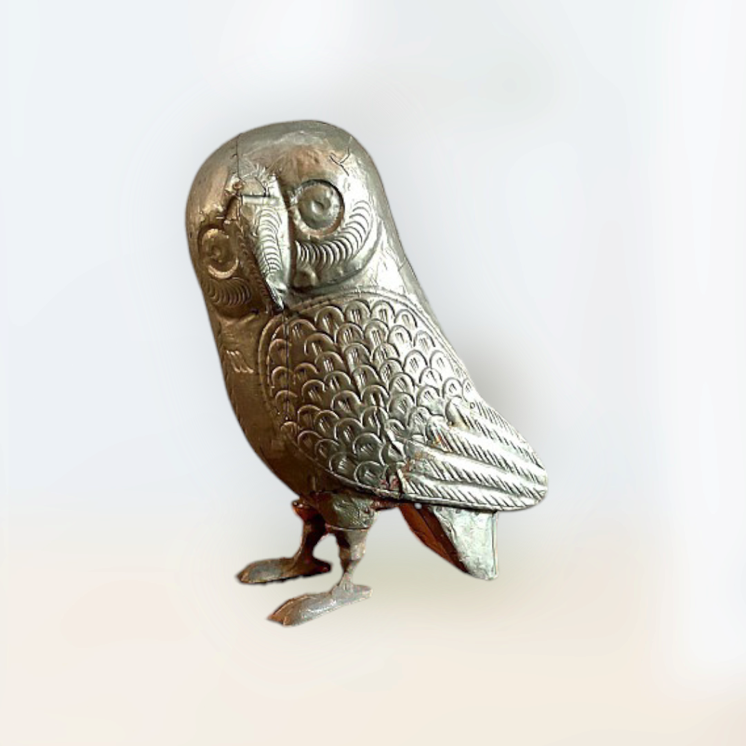 Brass Work Wooden Owl  Statue ,Figure