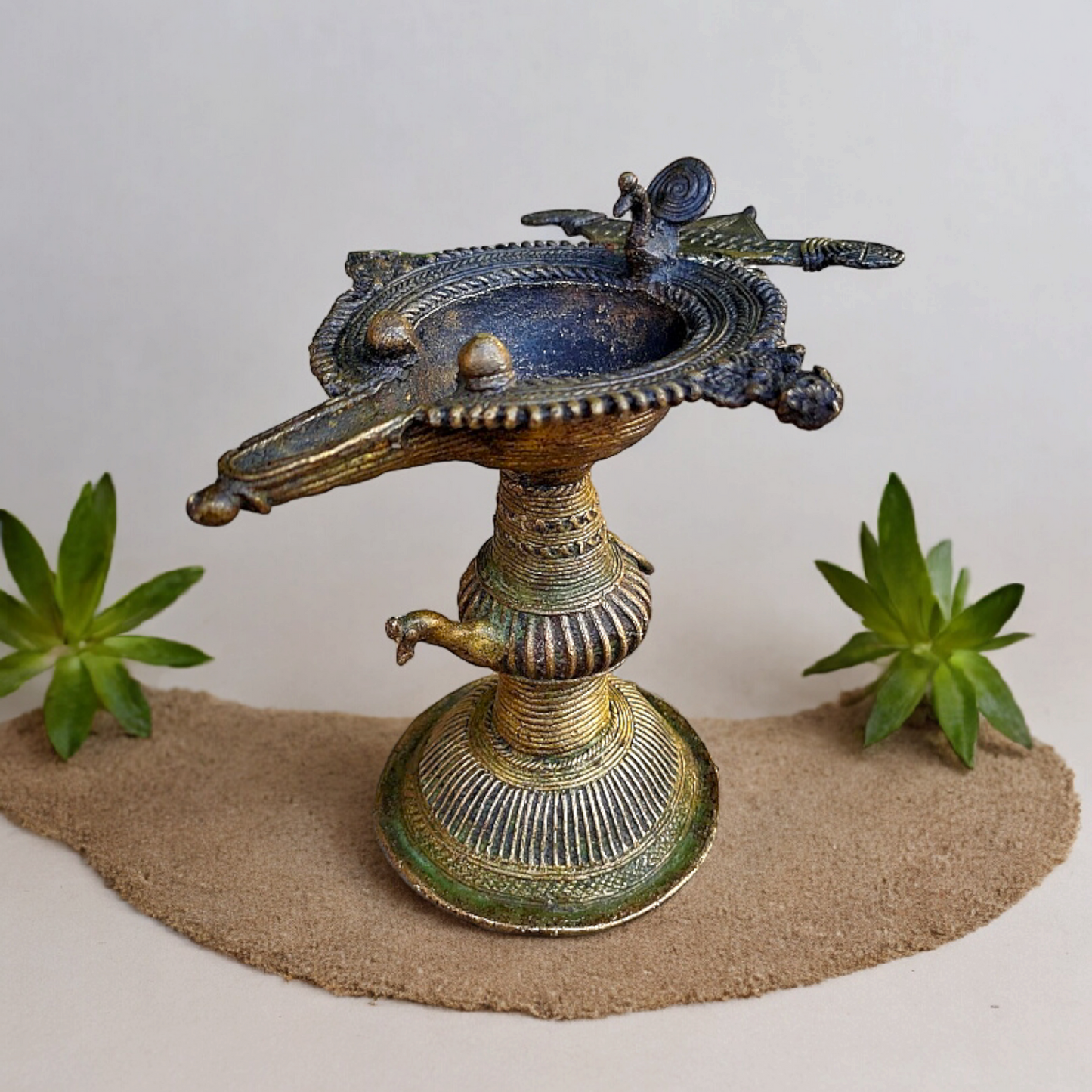 Old Dokara Style Oil Lamp Bird Carved