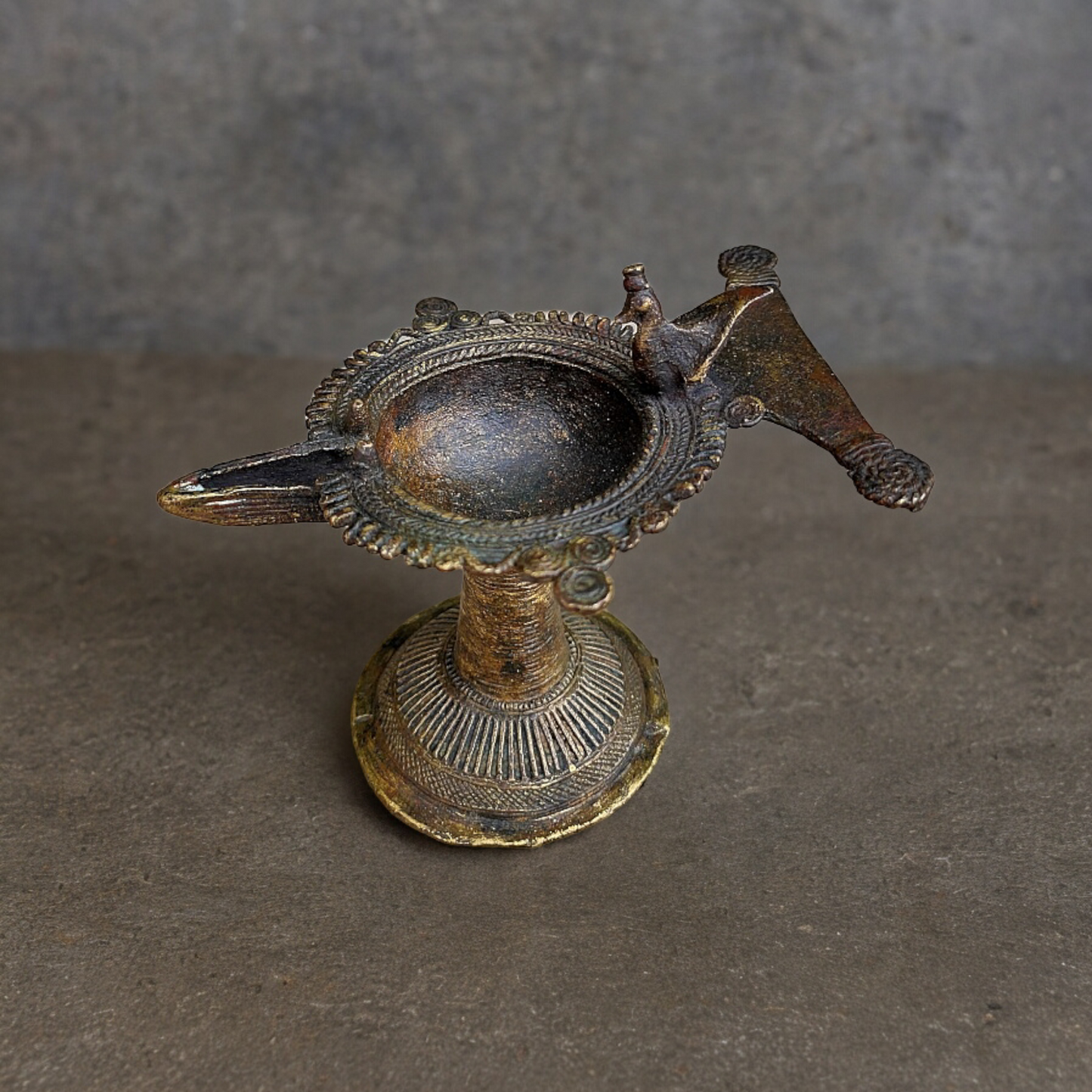 Old Dokara Style Oil Lamp Bird Carved