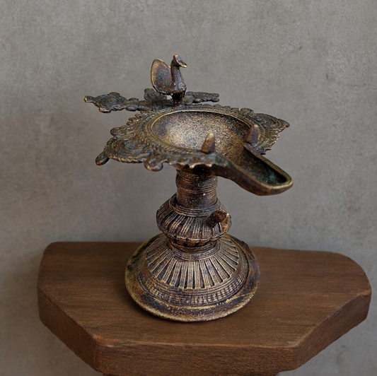 Old Dokara Style Oil Lamp Bird Carved