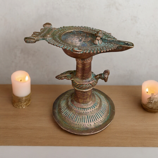 Old Dokara Style Oil Lamp Bird Carved