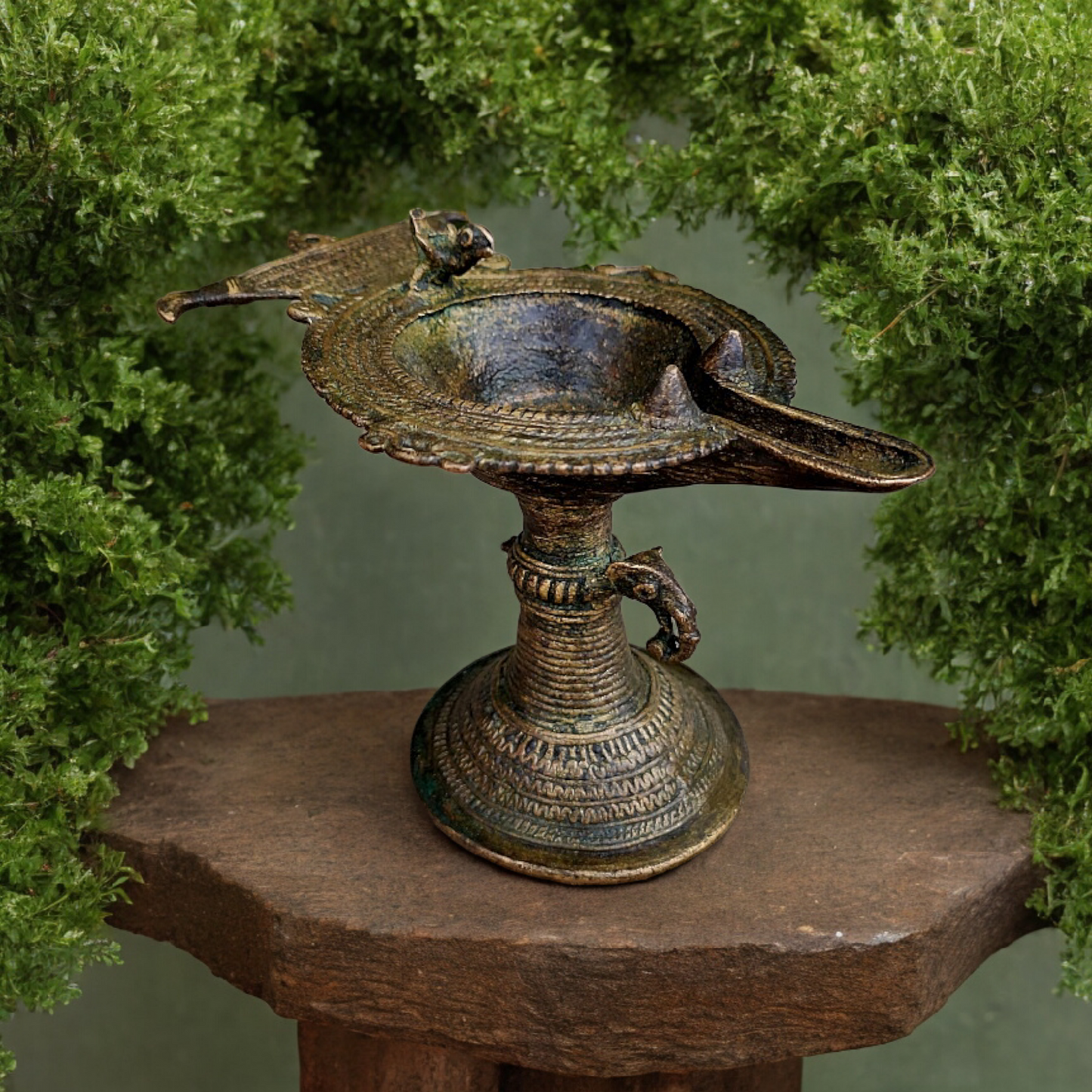 Old Dokara Style Oil Lamp Bird Carved