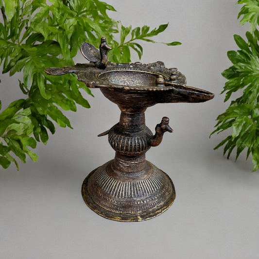 Old Dokara Style Oil Lamp Bird Carved