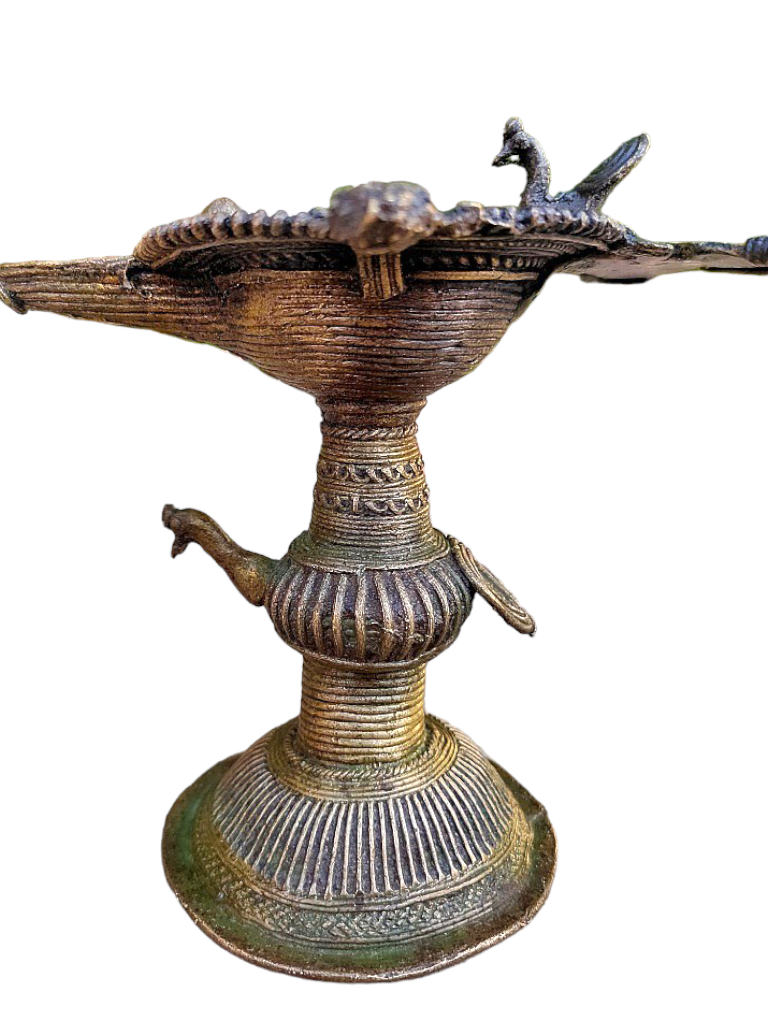 Old Dokara Style Oil Lamp Bird Carved