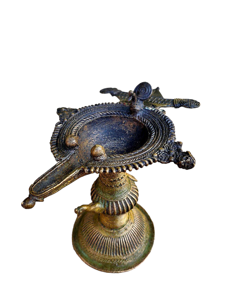 Old Dokara Style Oil Lamp Bird Carved