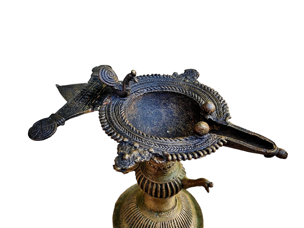 Old Dokara Style Oil Lamp Bird Carved