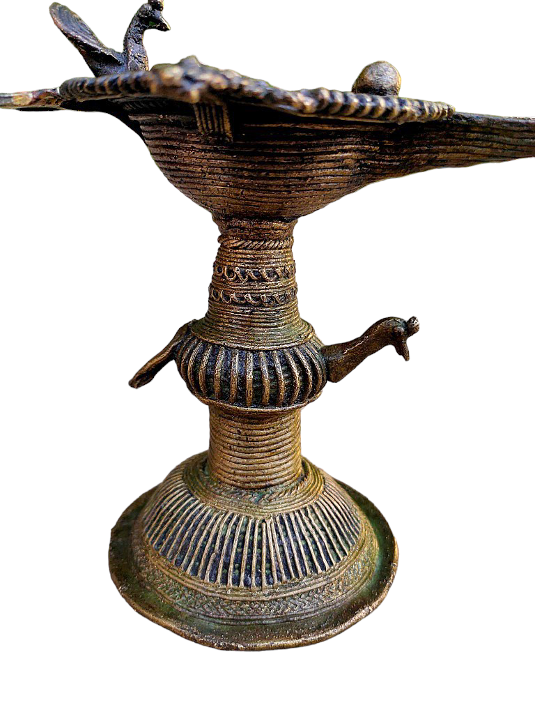 Old Dokara Style Oil Lamp Bird Carved