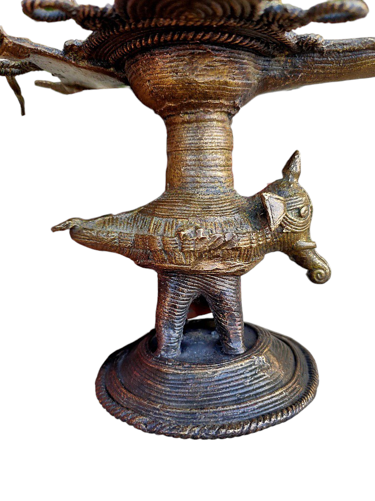 Old Dokara Style Oil Lamp Elephant Carved