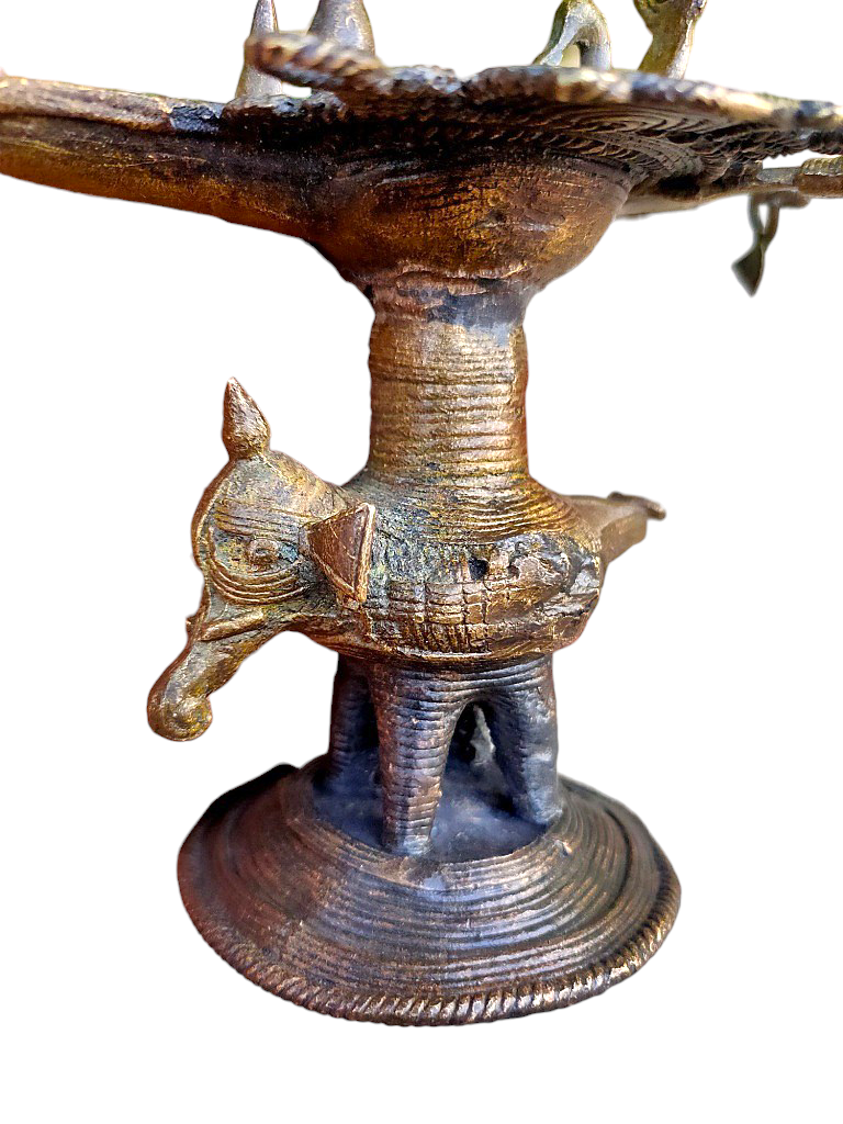 Old Dokara Style Oil Lamp Elephant Carved