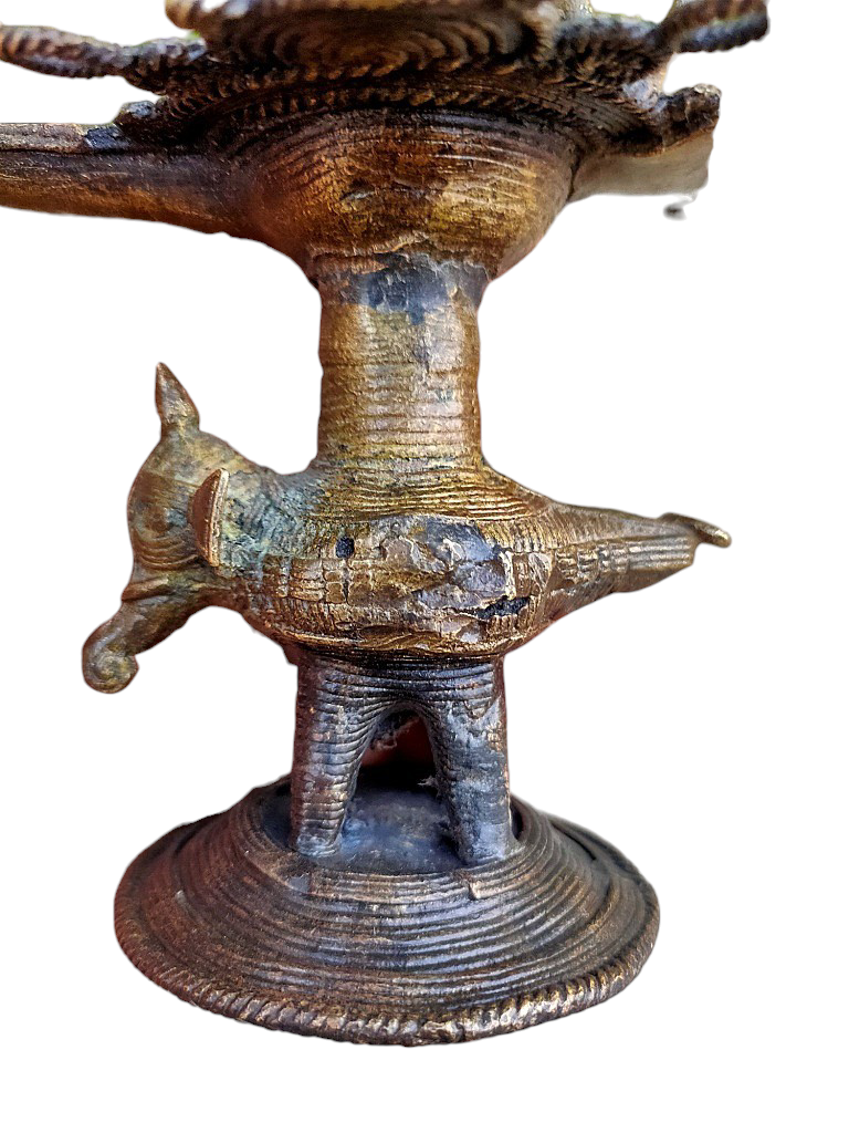 Old Dokara Style Oil Lamp Elephant Carved