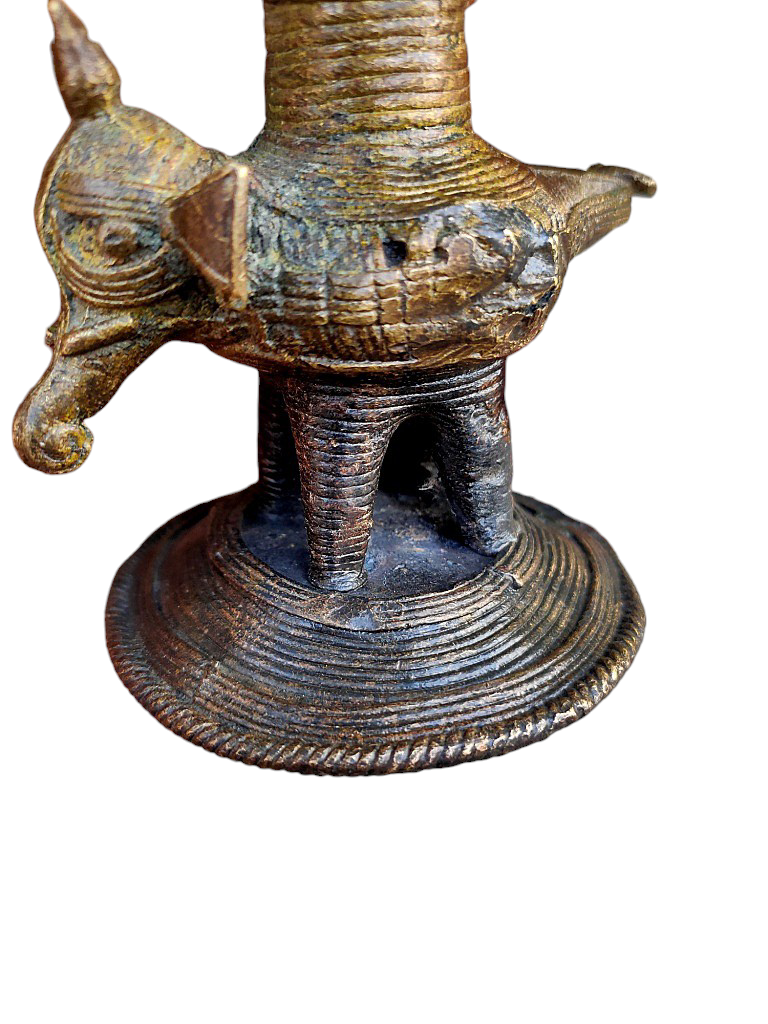 Old Dokara Style Oil Lamp Elephant Carved