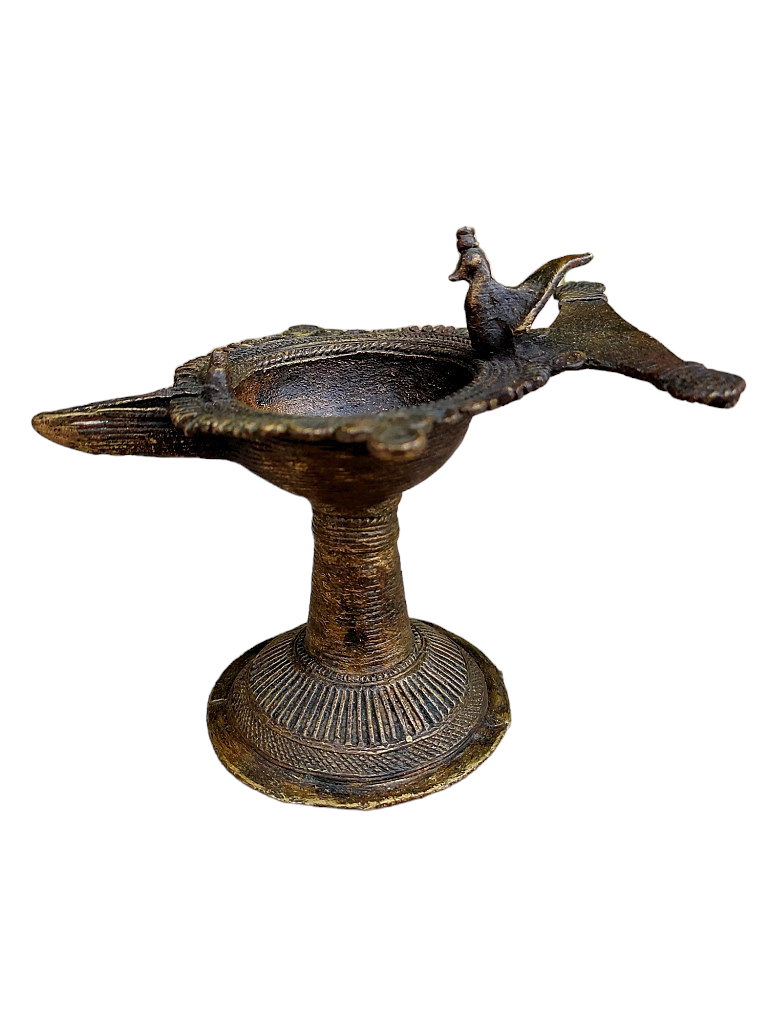 Old Dokara Style Oil Lamp Bird Carved