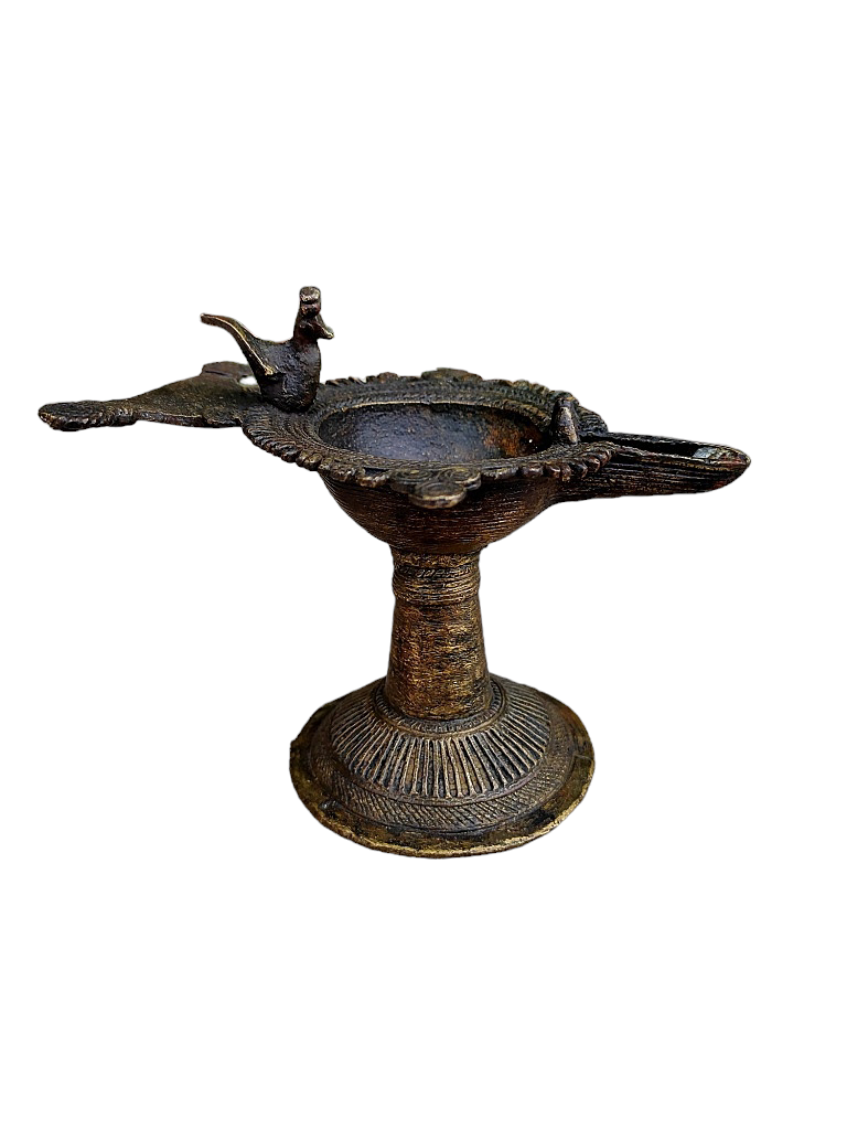 Old Dokara Style Oil Lamp Bird Carved