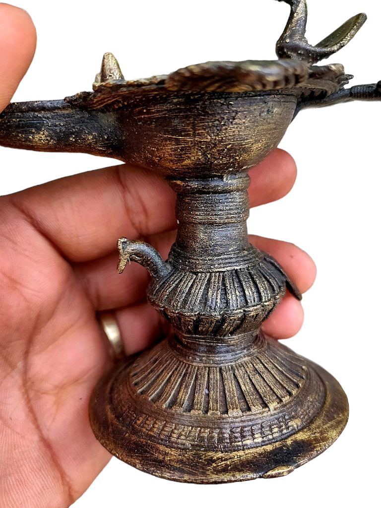 Old Dokara Style Oil Lamp Bird Carved