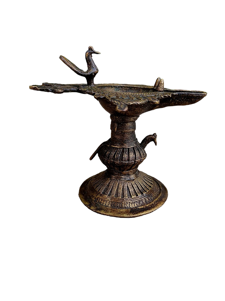 Old Dokara Style Oil Lamp Bird Carved