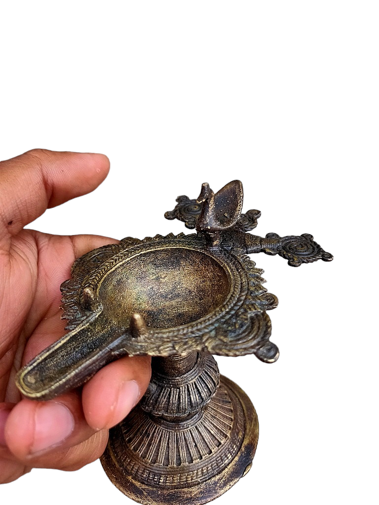 Old Dokara Style Oil Lamp Bird Carved