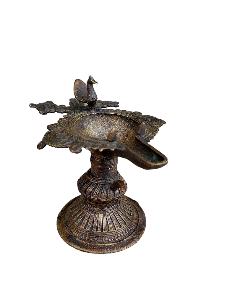 Old Dokara Style Oil Lamp Bird Carved