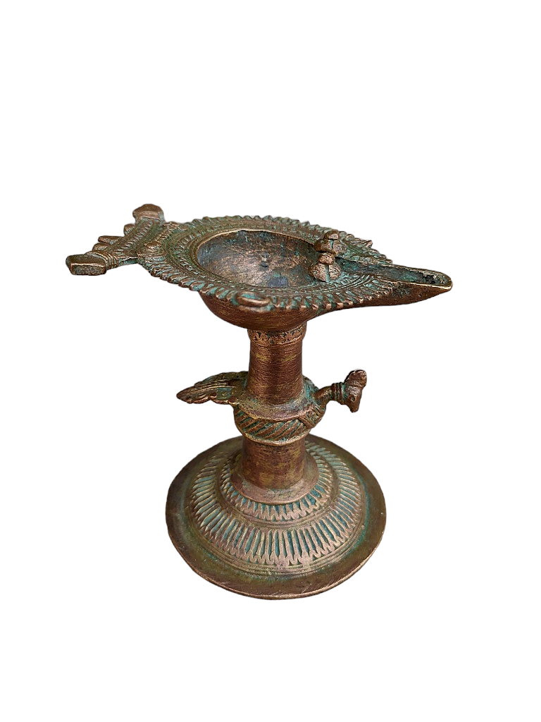 Old Dokara Style Oil Lamp Bird Carved