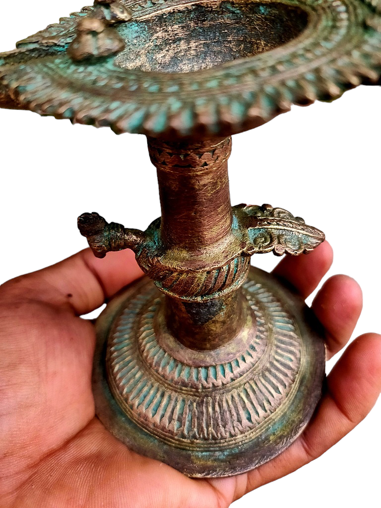 Old Dokara Style Oil Lamp Bird Carved