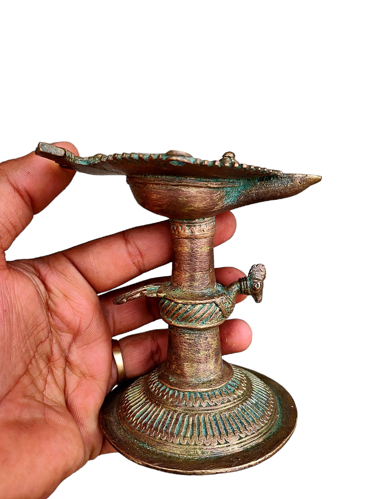 Old Dokara Style Oil Lamp Bird Carved