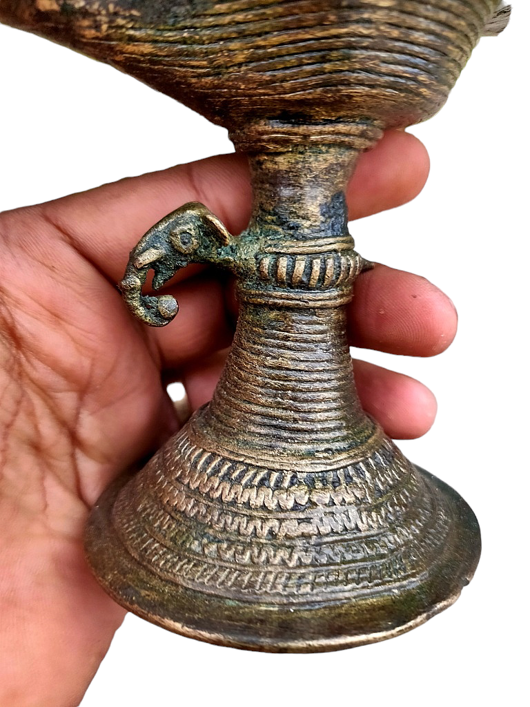 Old Dokara Style Oil Lamp Bird Carved