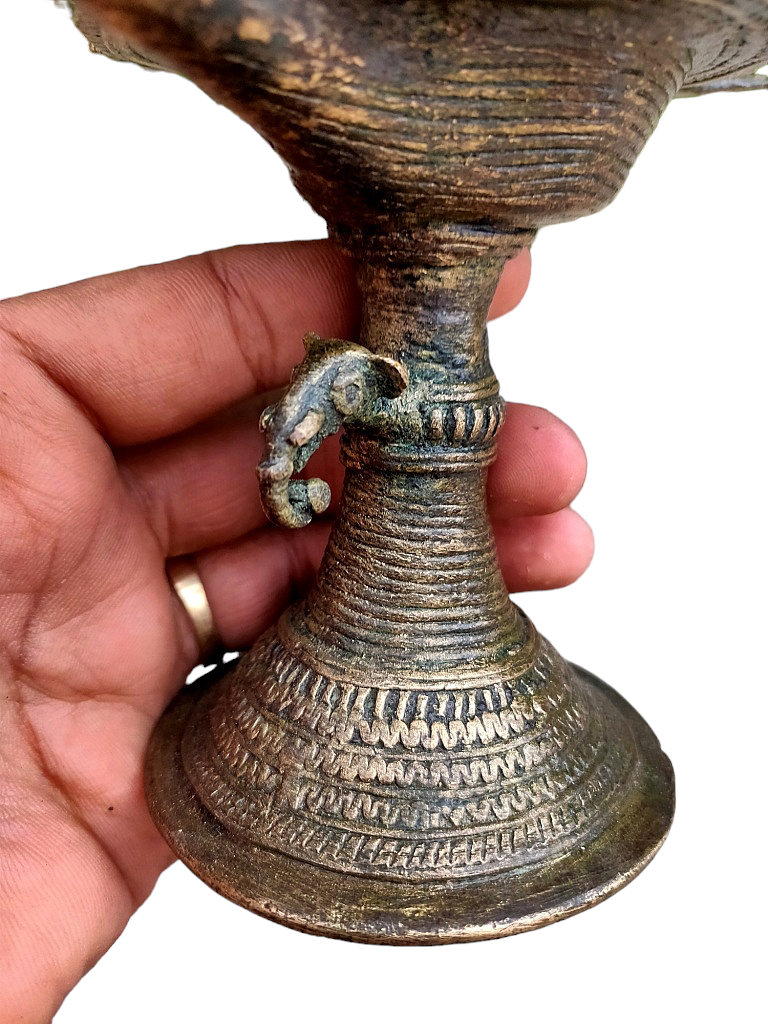 Old Dokara Style Oil Lamp Bird Carved