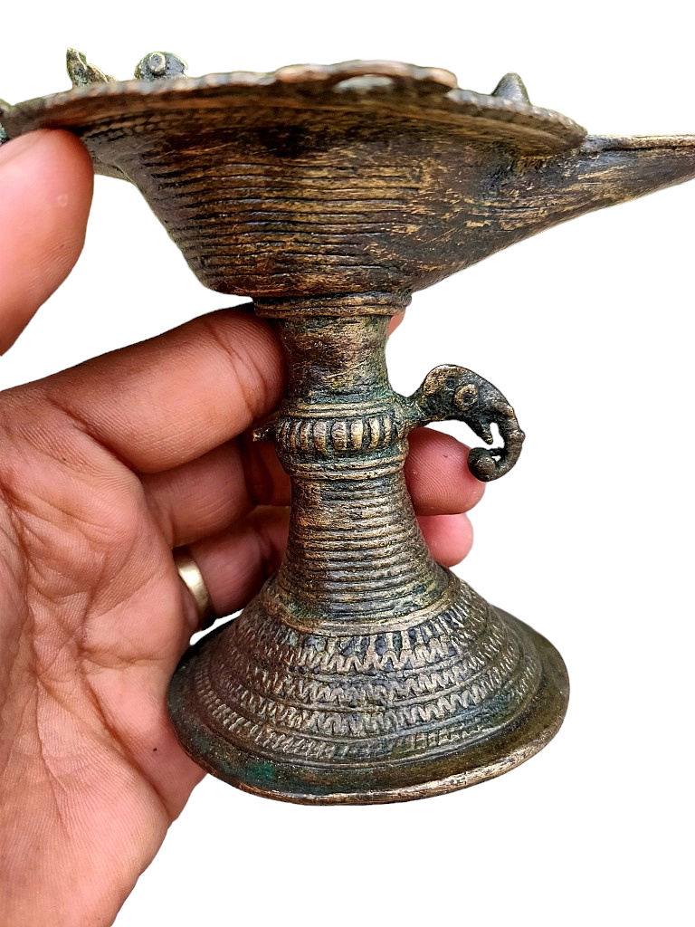 Old Dokara Style Oil Lamp Bird Carved