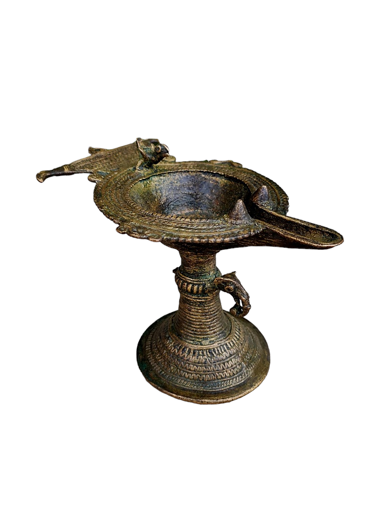 Old Dokara Style Oil Lamp Bird Carved