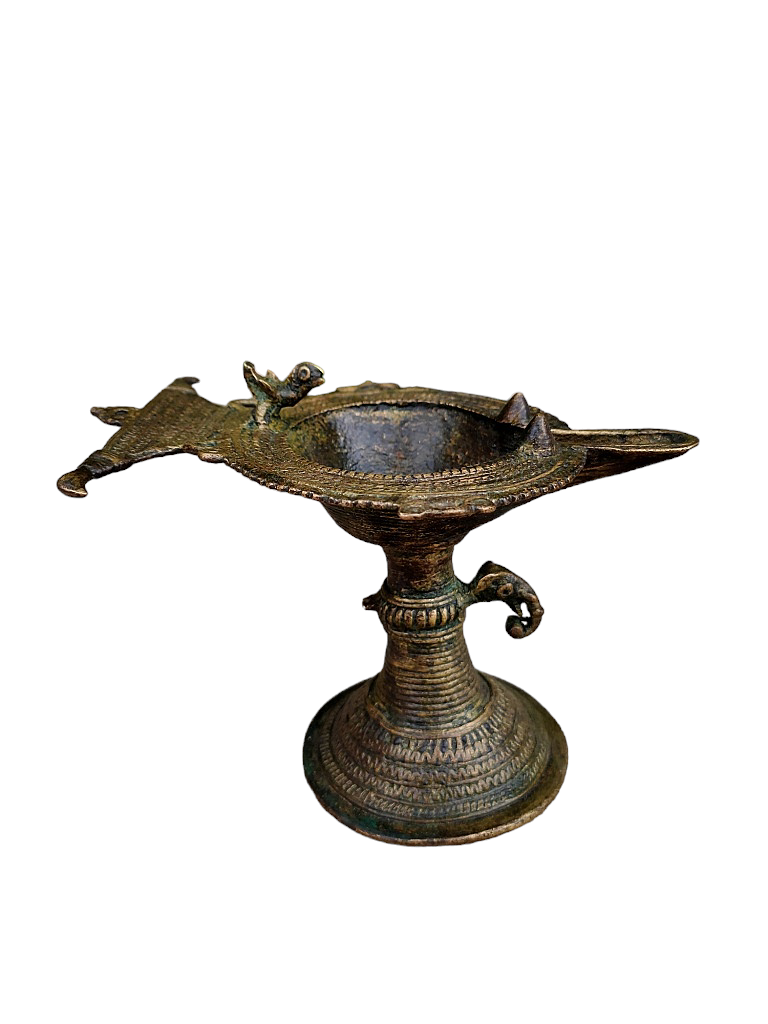 Old Dokara Style Oil Lamp Bird Carved