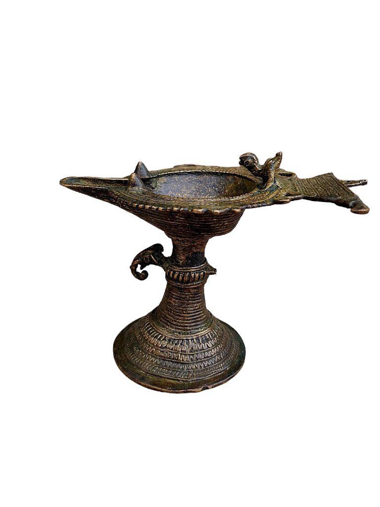 Old Dokara Style Oil Lamp Bird Carved