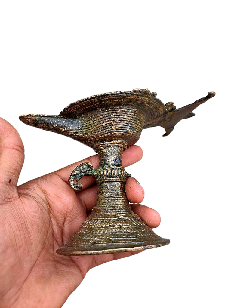 Old Dokara Style Oil Lamp Bird Carved