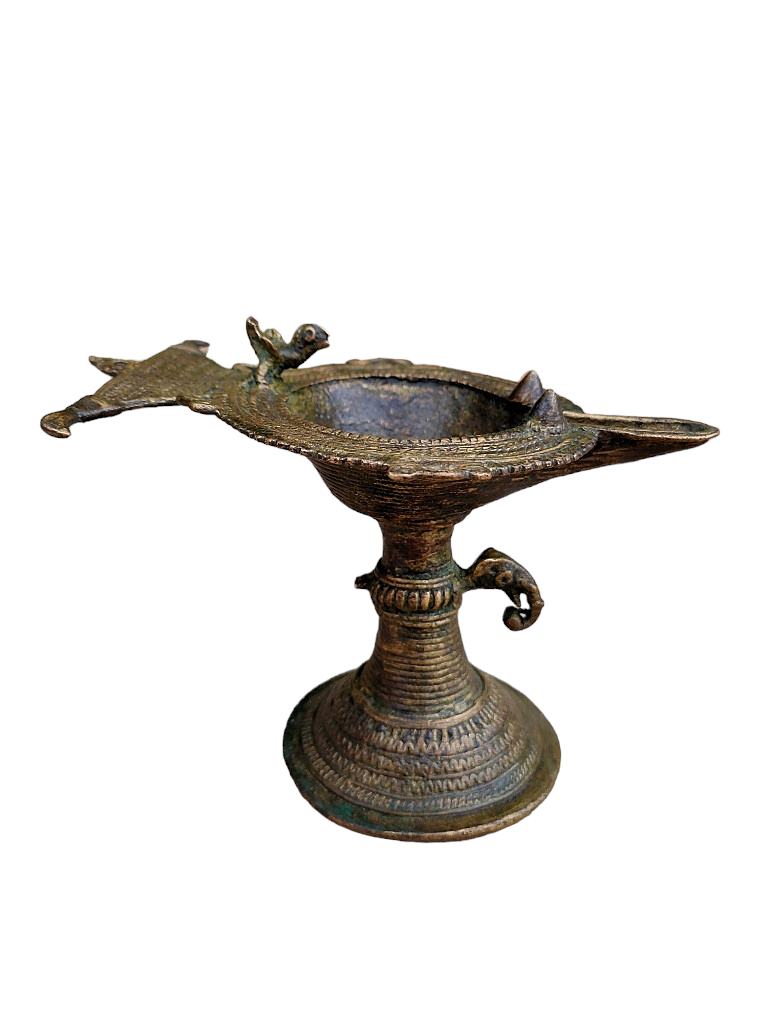 Old Dokara Style Oil Lamp Bird Carved