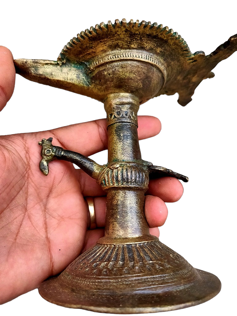 Old Dokara Style Oil Lamp Bird Carved