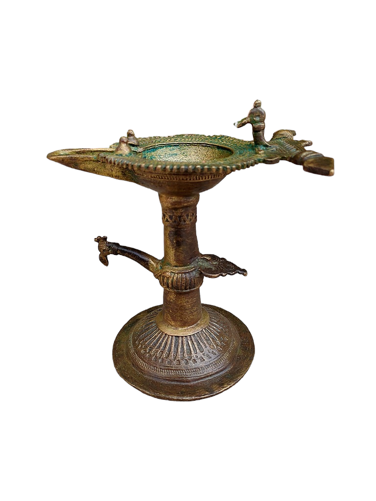 Old Dokara Style Oil Lamp Bird Carved