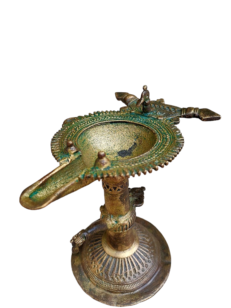 Old Dokara Style Oil Lamp Bird Carved