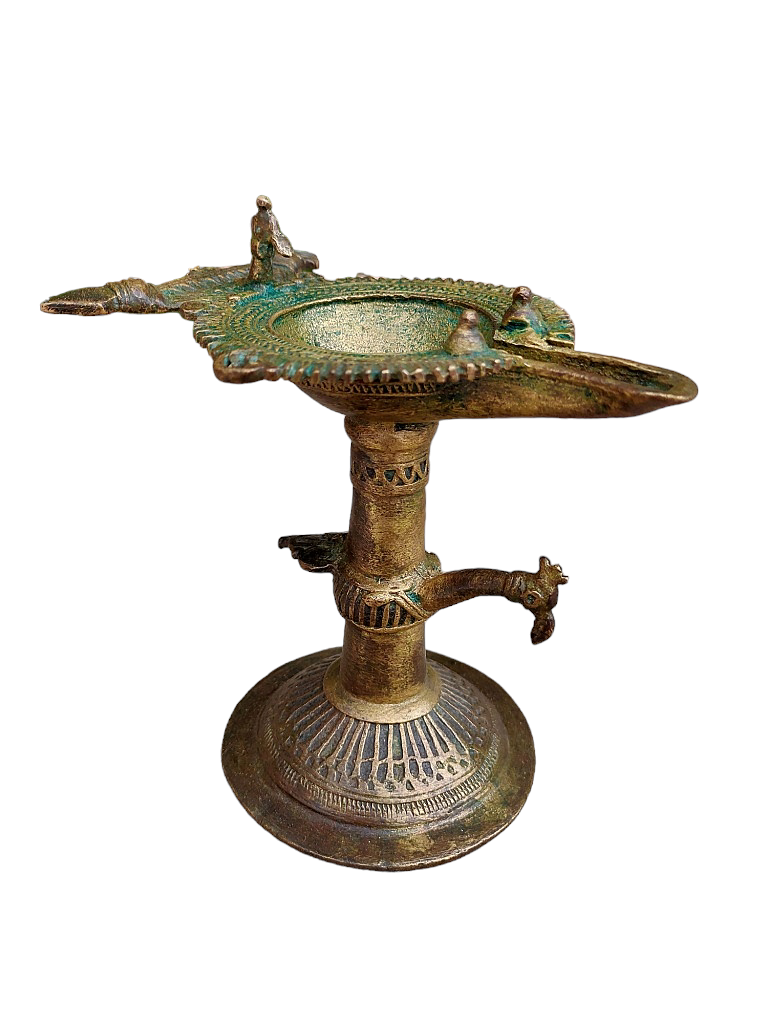 Old Dokara Style Oil Lamp Bird Carved