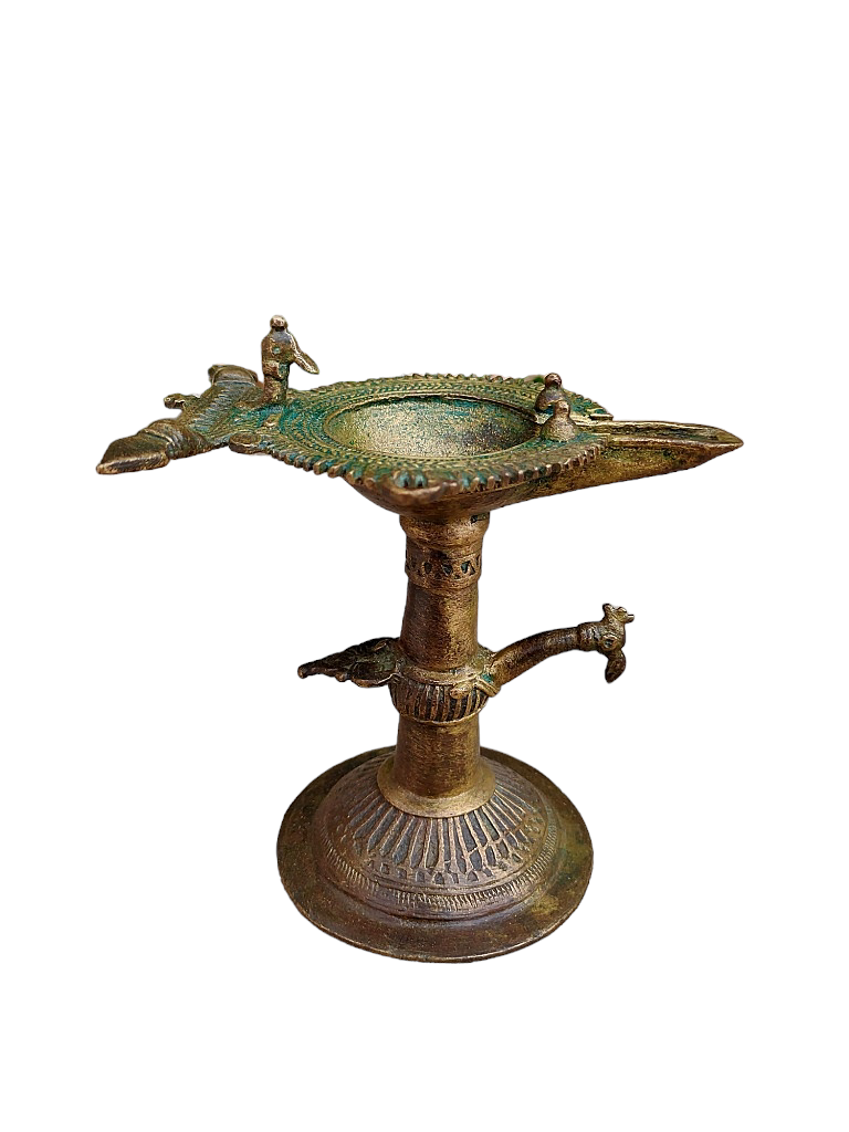 Old Dokara Style Oil Lamp Bird Carved