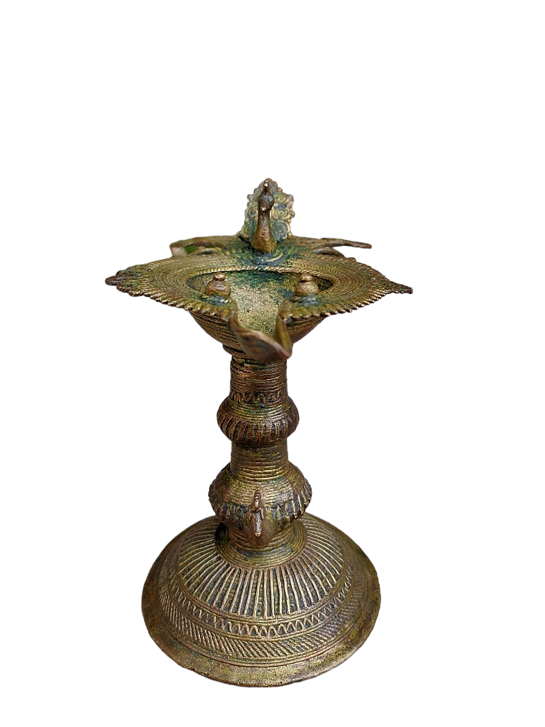 Old Dokara Style Oil Lamp Bird Carved